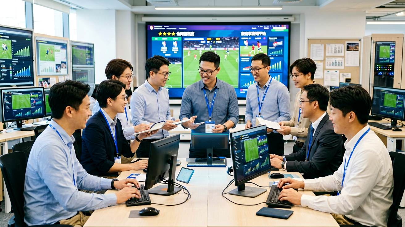 xc体育编辑团队在数据中心进行赛事内容策划与数据分析工作场景