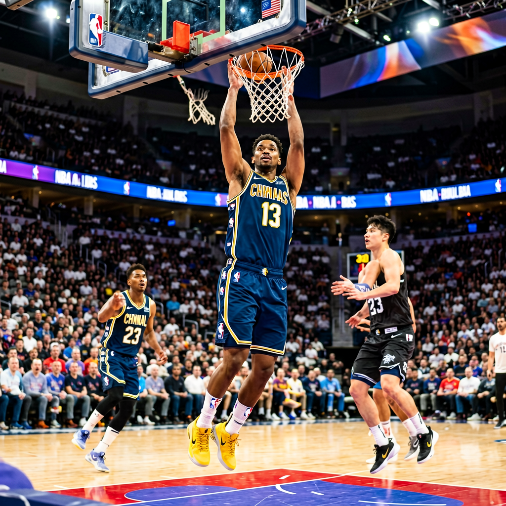 NBA篮球赛事专题封面，呈现球员扣篮与赛场激战的动感瞬间